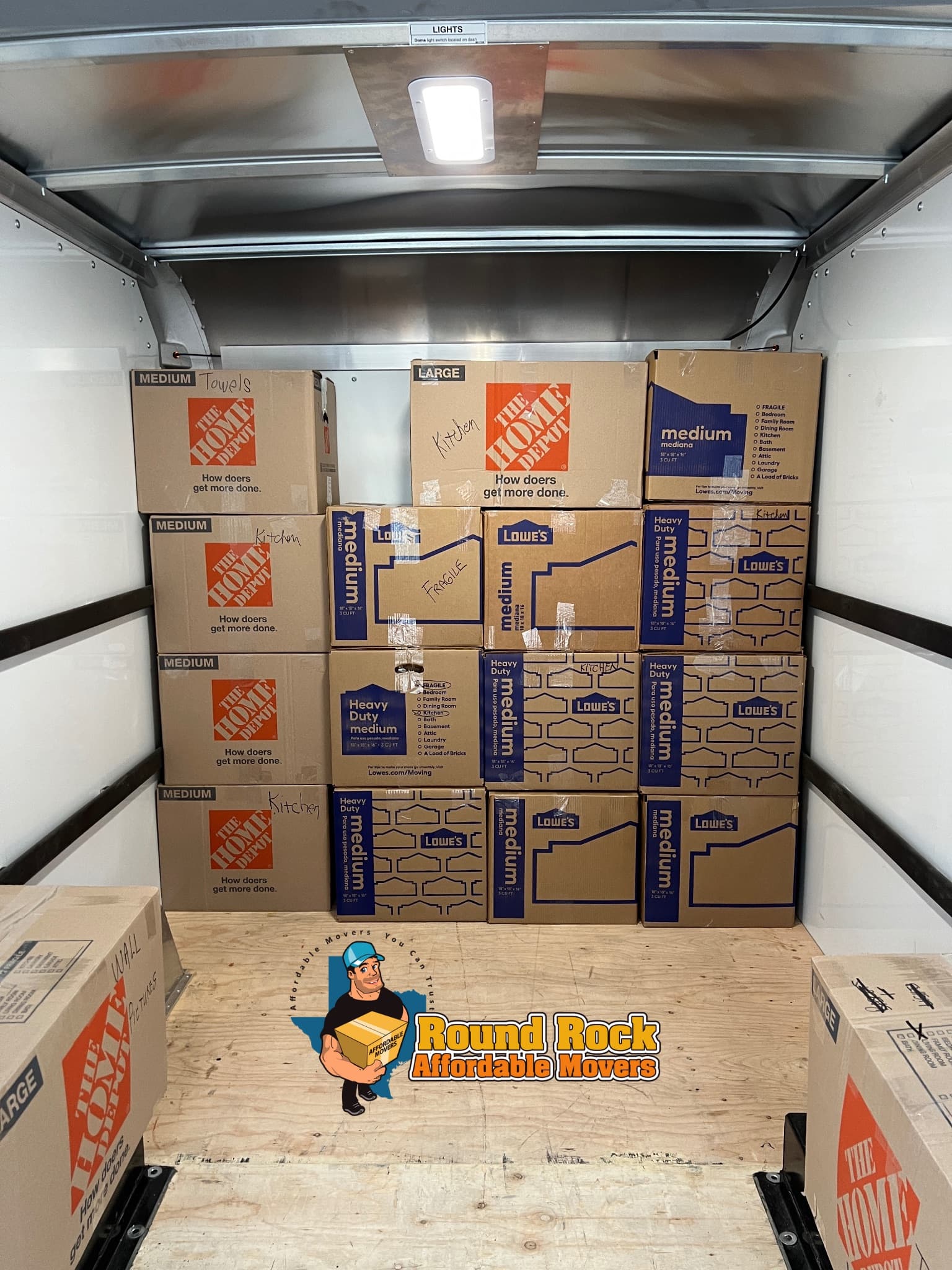 Fully loaded moving truck packed tight and labeled by Round Rock Affordable Movers